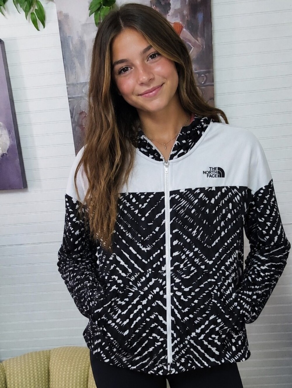 The North Face Black and White Zip-Up Hooded Fleece. Size 14/16 Girl.